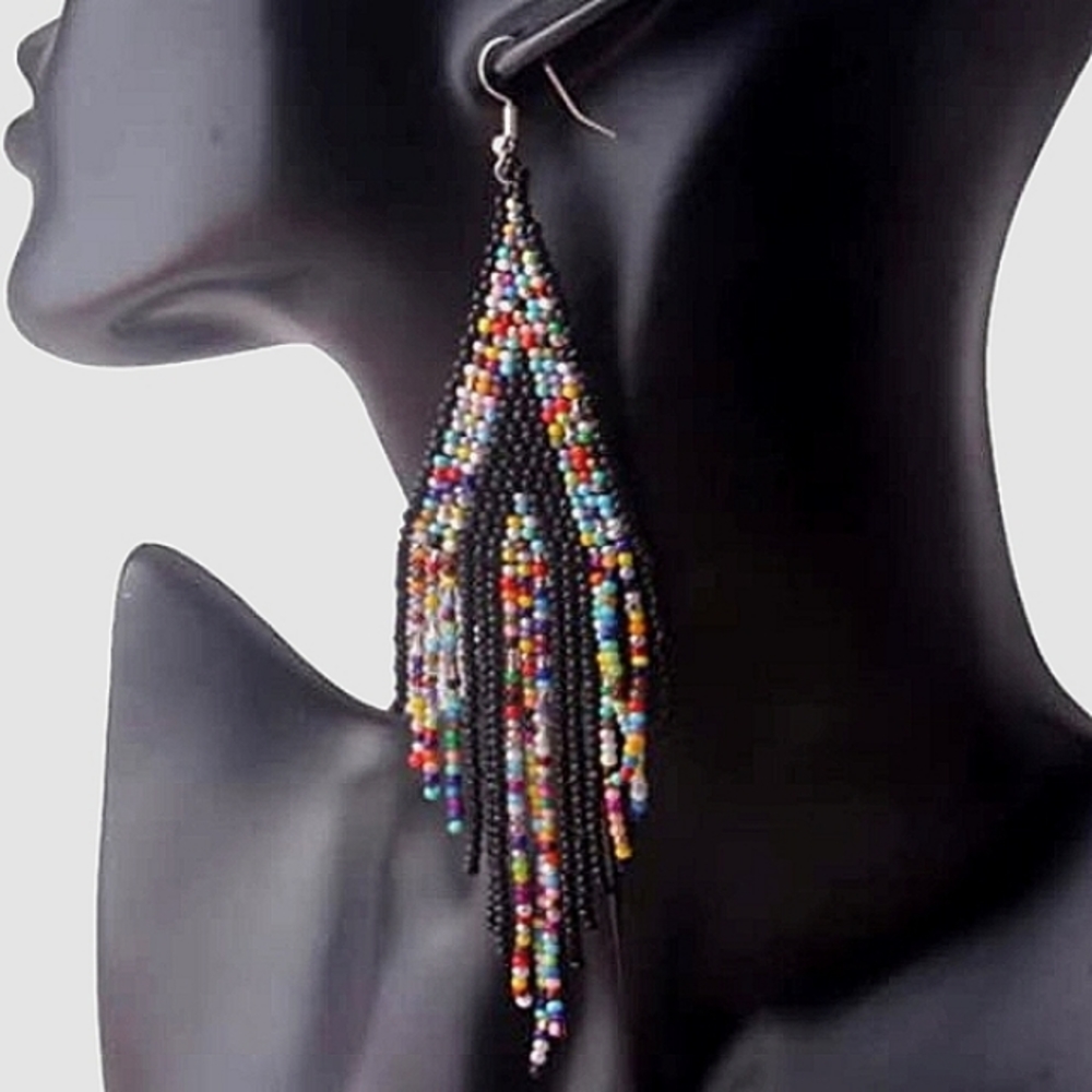 Long 5" Multicolor Black Stripe Handmade Beaded Oversized Statement Earrings New